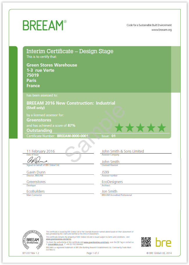 Example of the front page (page 1 of 2) of an interim BREEAM certificate at design stage showing the score and rating