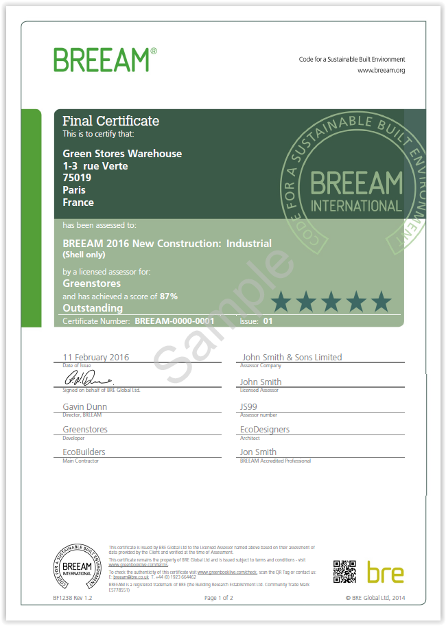 Example of the front page (page 1 of 2) of a final BREEAM certificate at post-construction stage showing the score and rating